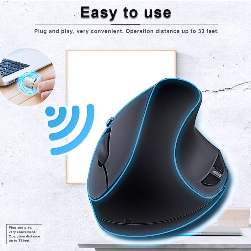 SUNGI Ergonomic Wireless Mouse,Vertical Mouse 2.4GHz Optical Mice with Adjustable DPI for Carpal Tunnel Right Hand,Black - Image 3
